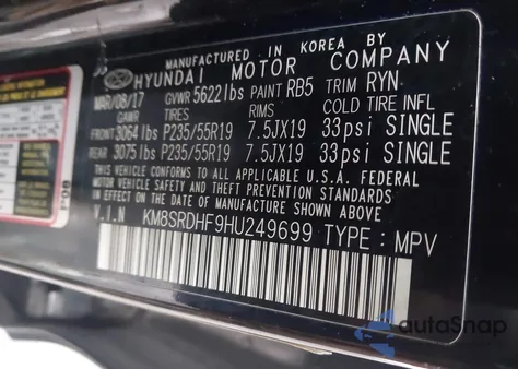 2017 Hyundai Santa Fe Se Ultimate z USA, uszkodzony, nr VIN KM8SRDHF9HU249699